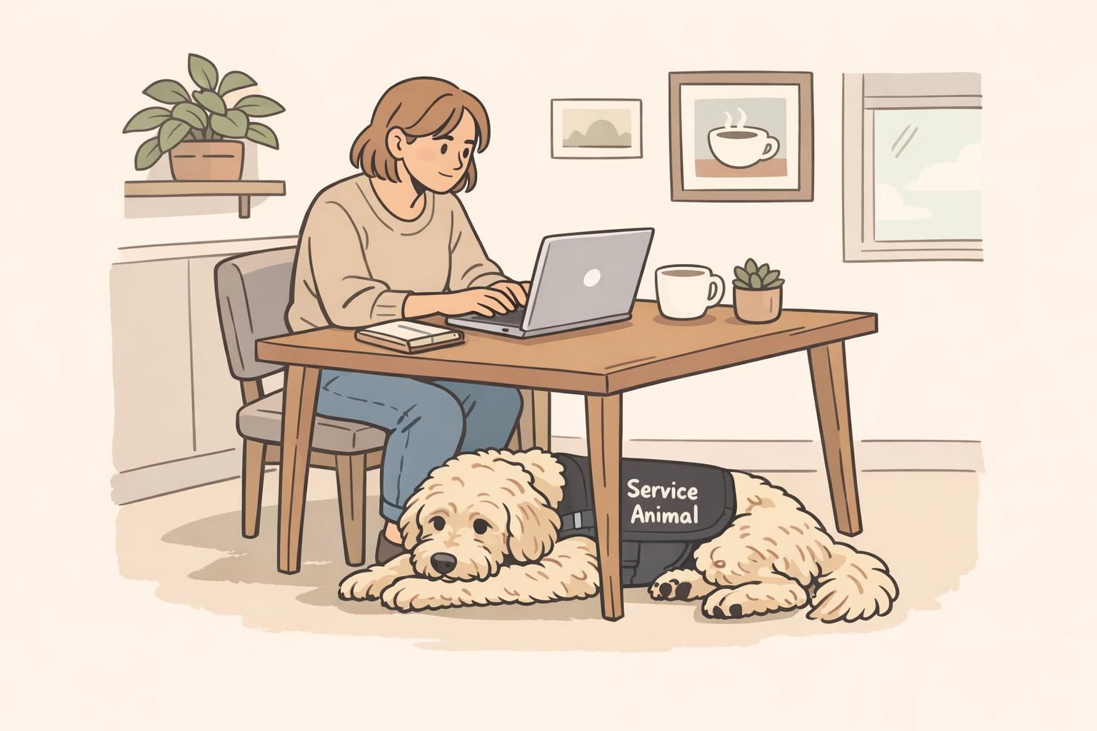 A Labradoodle lying calmly under a coffee shop table while its handler works on a laptop, demonstrating public access calmness and grooming-ready appearance.
