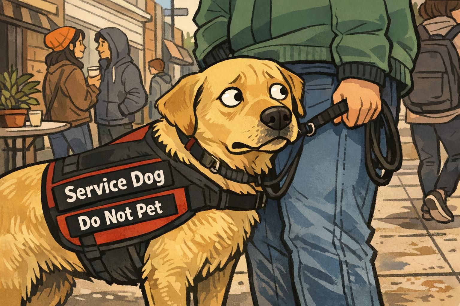 Assistance dog standing close to its handler on a mildly busy sidewalk, ears slightly back and visible whale eye illustrating public-access stress cues.