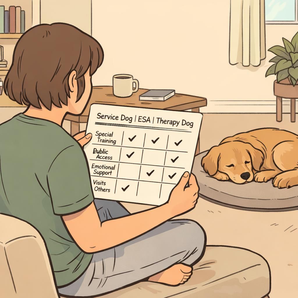 A respectful interaction outside a small shop as a handler stands with a service dog while a staff member listens, showing polite public access behavior.