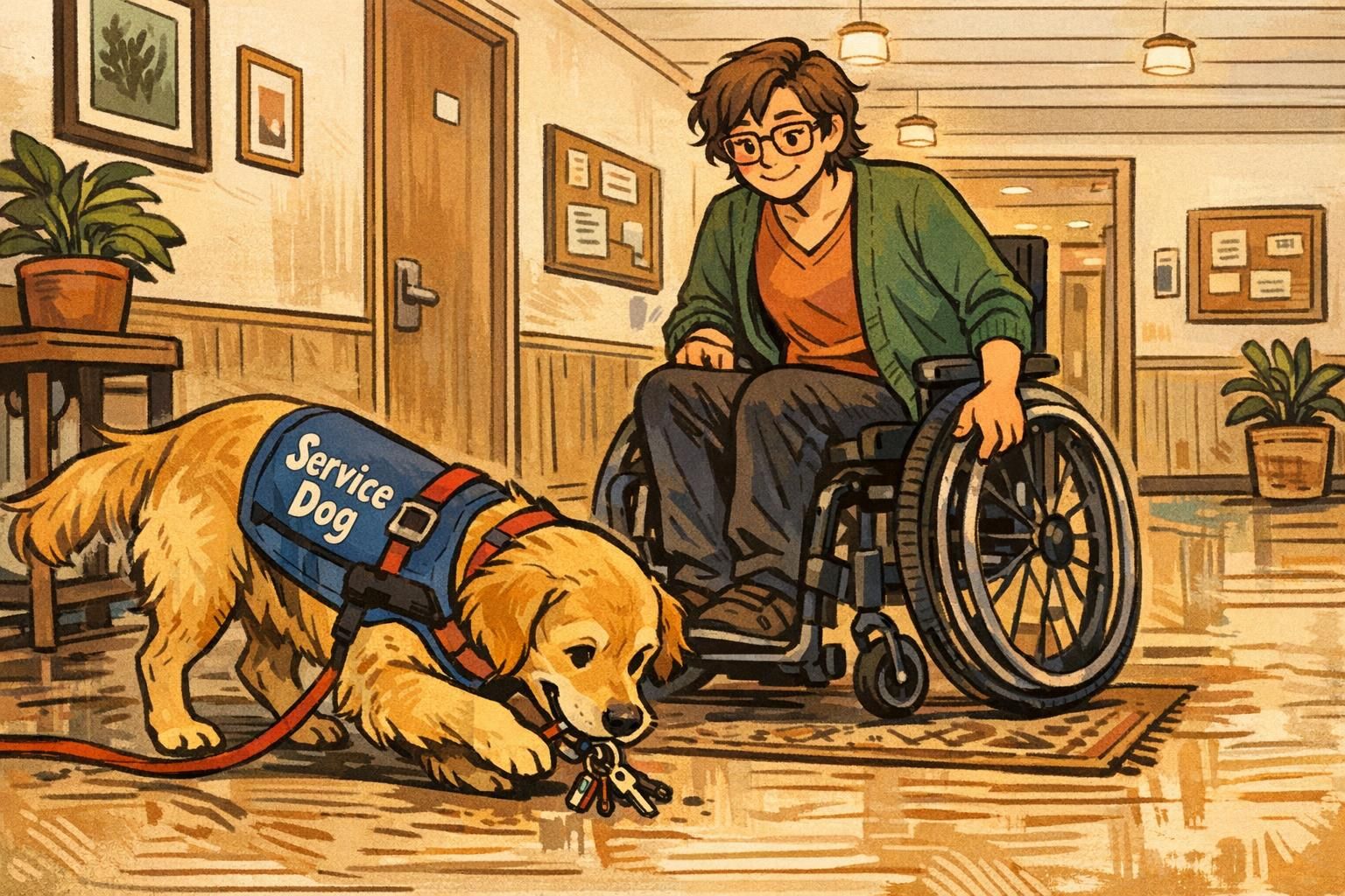 A service dog wearing a working vest retrieves a dropped item for a person using a wheelchair in a bright hallway, showing task-based independence.
