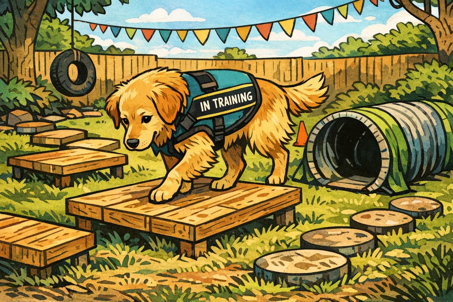 Service dog steps onto a low, stable platform in a backyard confidence course near a short tunnel, building body awareness, coordination, and careful footing.