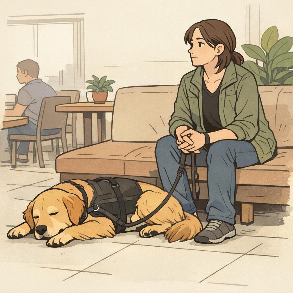 An assistance dog stands calmly beside its adult handler in a quiet indoor public setting, showing relaxed posture while the handler watches attentively.