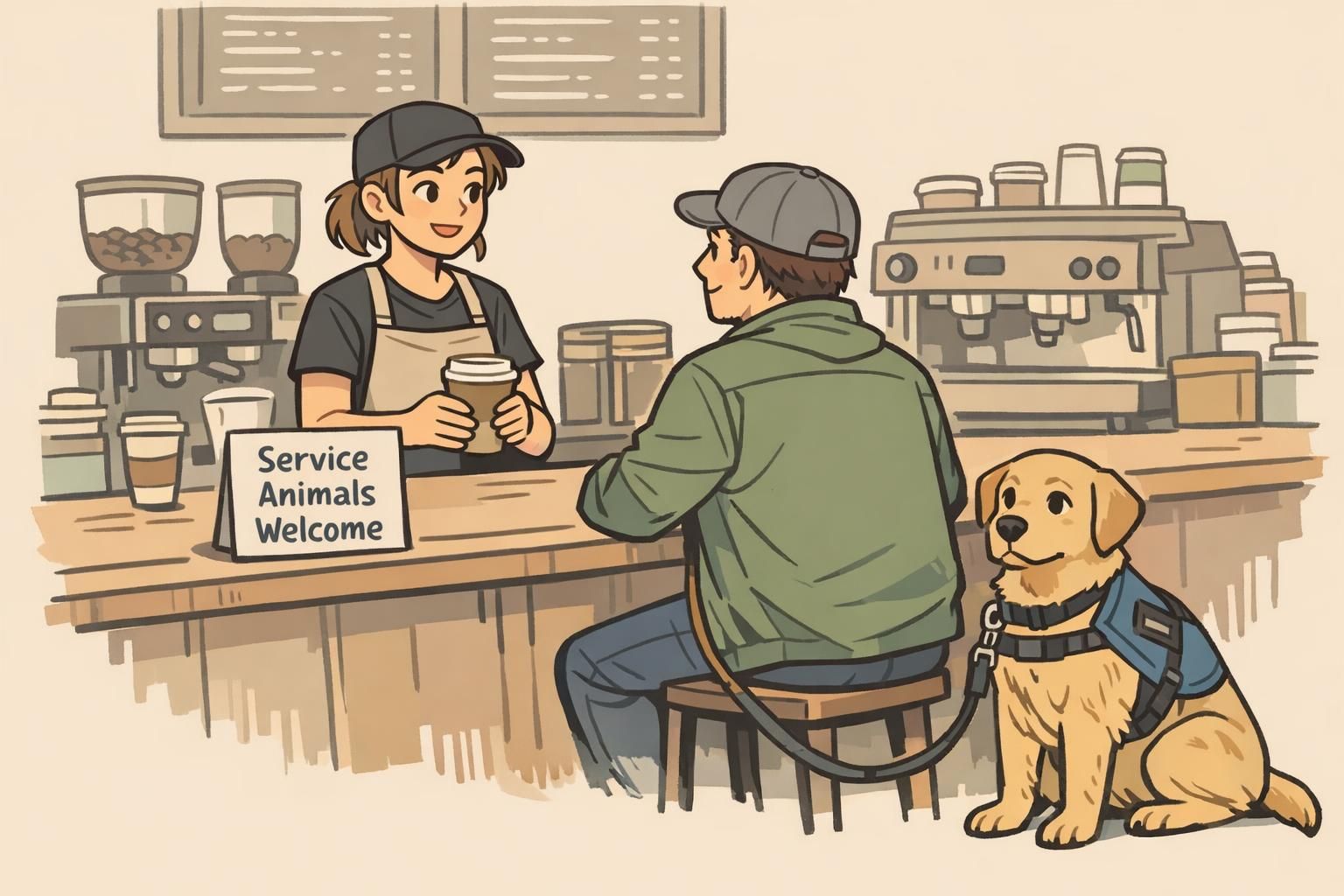 A handler with a well-behaved service dog speaks with a barista at a coffee shop under a 'Service Animals Welcome' sign, demonstrating calm public access.