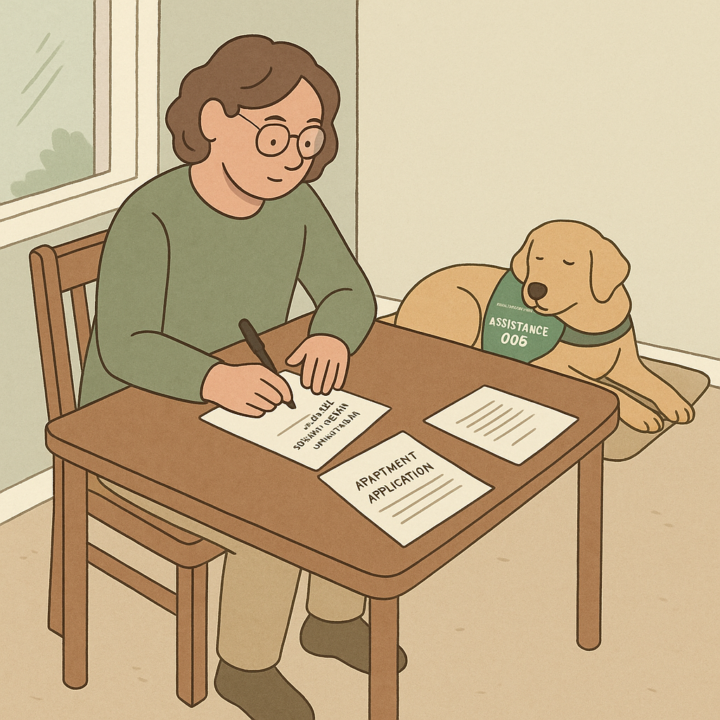 A person writing a reasonable accommodation request at a small dining table while a calm assistance dog lies on a mat nearby in a tidy apartment.