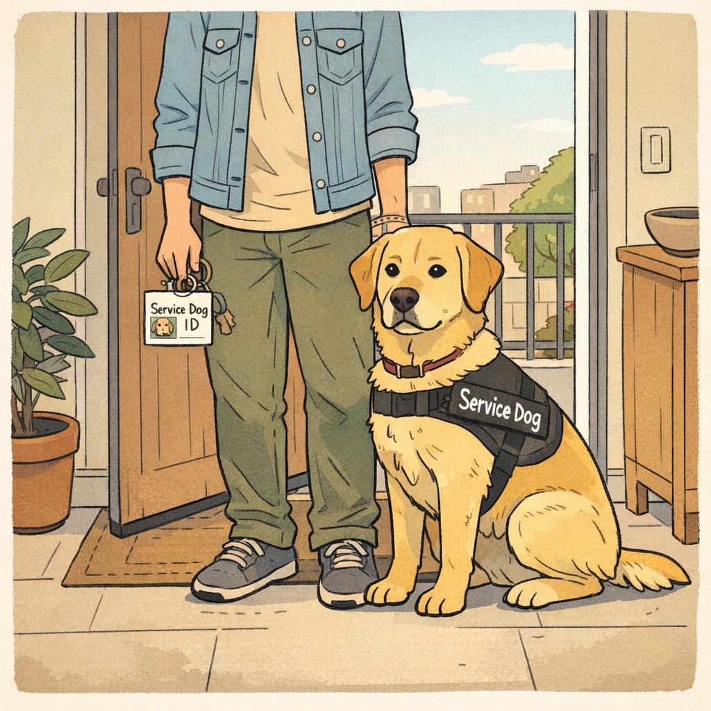 A handler stands in a sunny apartment doorway with a calm service dog wearing a visible working vest while holding a small ID card and key ring for quick identification.