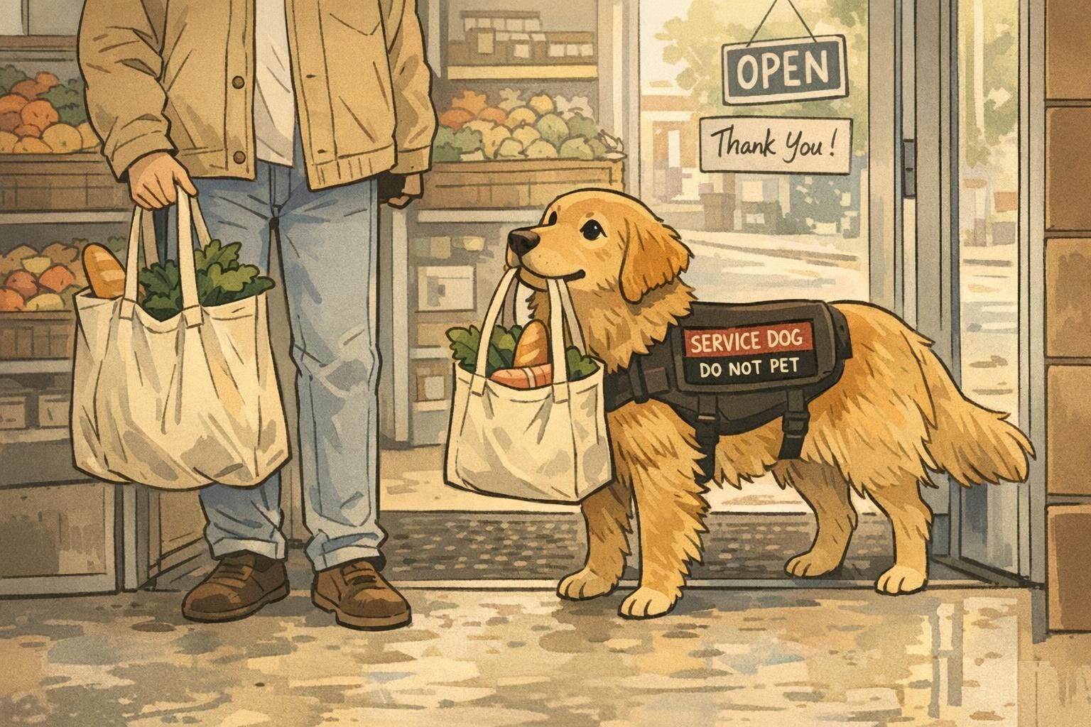 A service dog carries a small grocery tote through a store doorway while the handler holds a reusable bag, illustrating public carrying and mobility support.