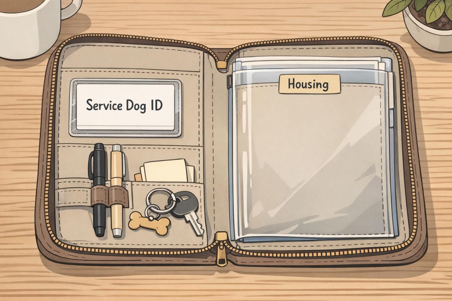 Close-up of an open organizer on a tabletop with a service dog ID card and a labeled housing document sleeve arranged for quick access during appointments or moves.