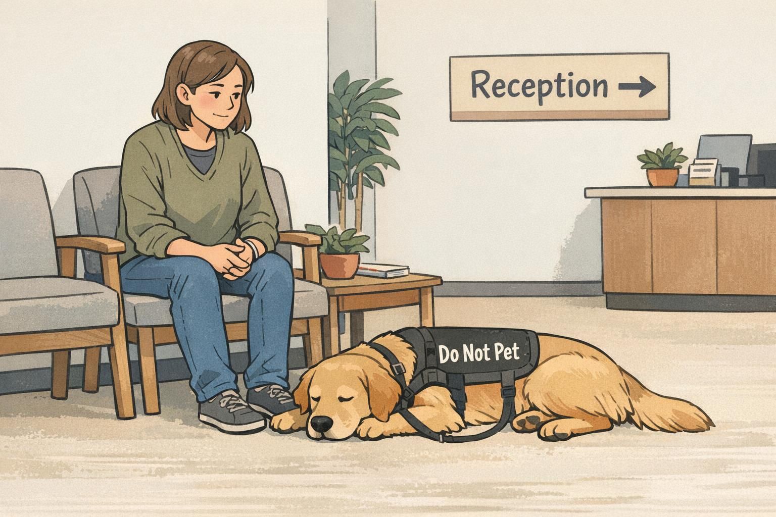 A waiting room scene with a handler seated beside a relaxed working dog wearing a 'do not pet' style vest, emphasizing calm, controlled behavior.