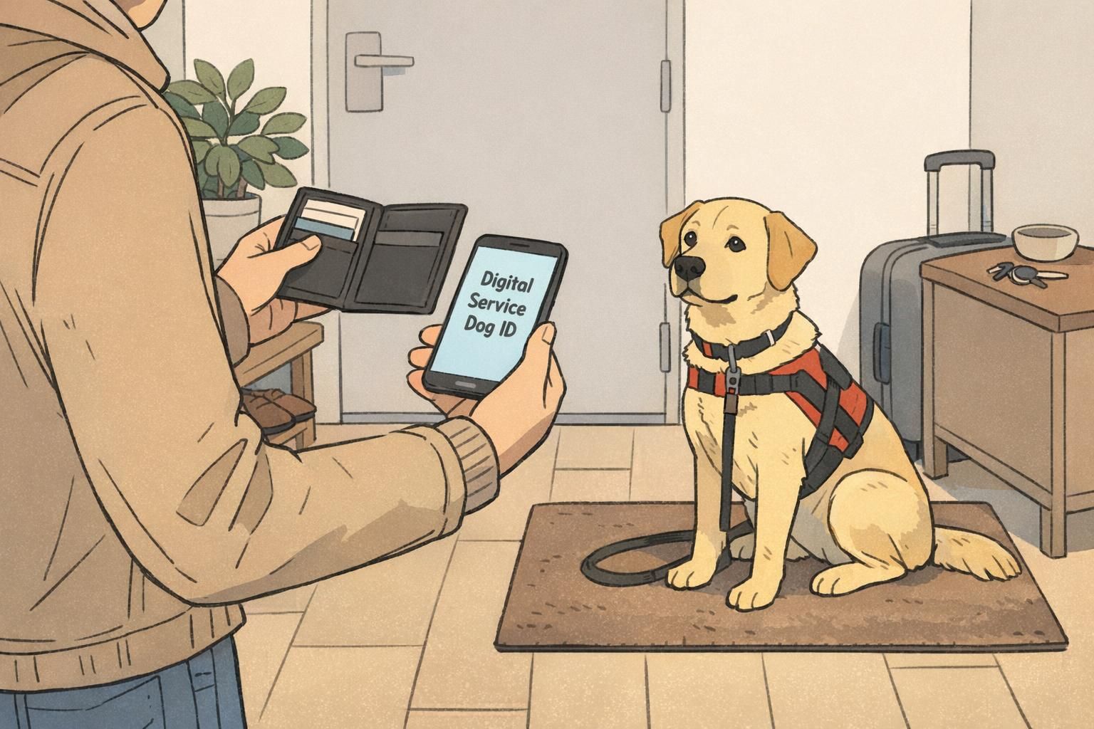 A handler checking a digital service dog ID on a smartphone while standing in a hotel entryway, the dog waiting patiently on a mat.