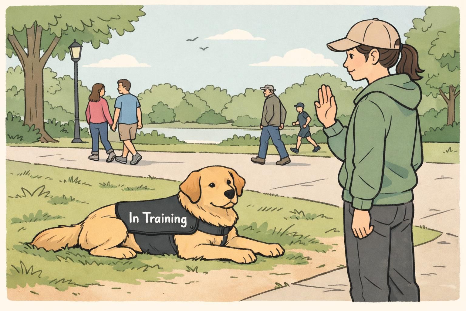 Service dog holding a down-stay near a paved park path as the handler practices a stay cue, with pedestrians passing at a respectful distance to show distraction-proofing practice.