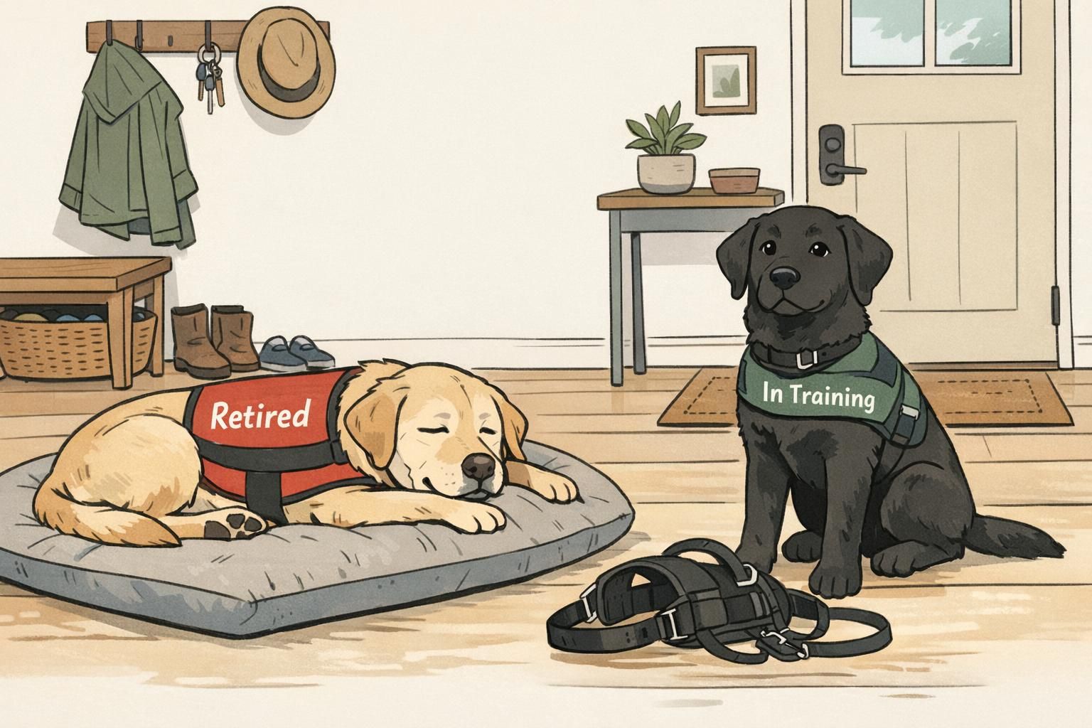 An older retired service dog relaxes on a cushion beside a younger in‑training dog at the home entry, illustrating a gentle overlap and handoff.