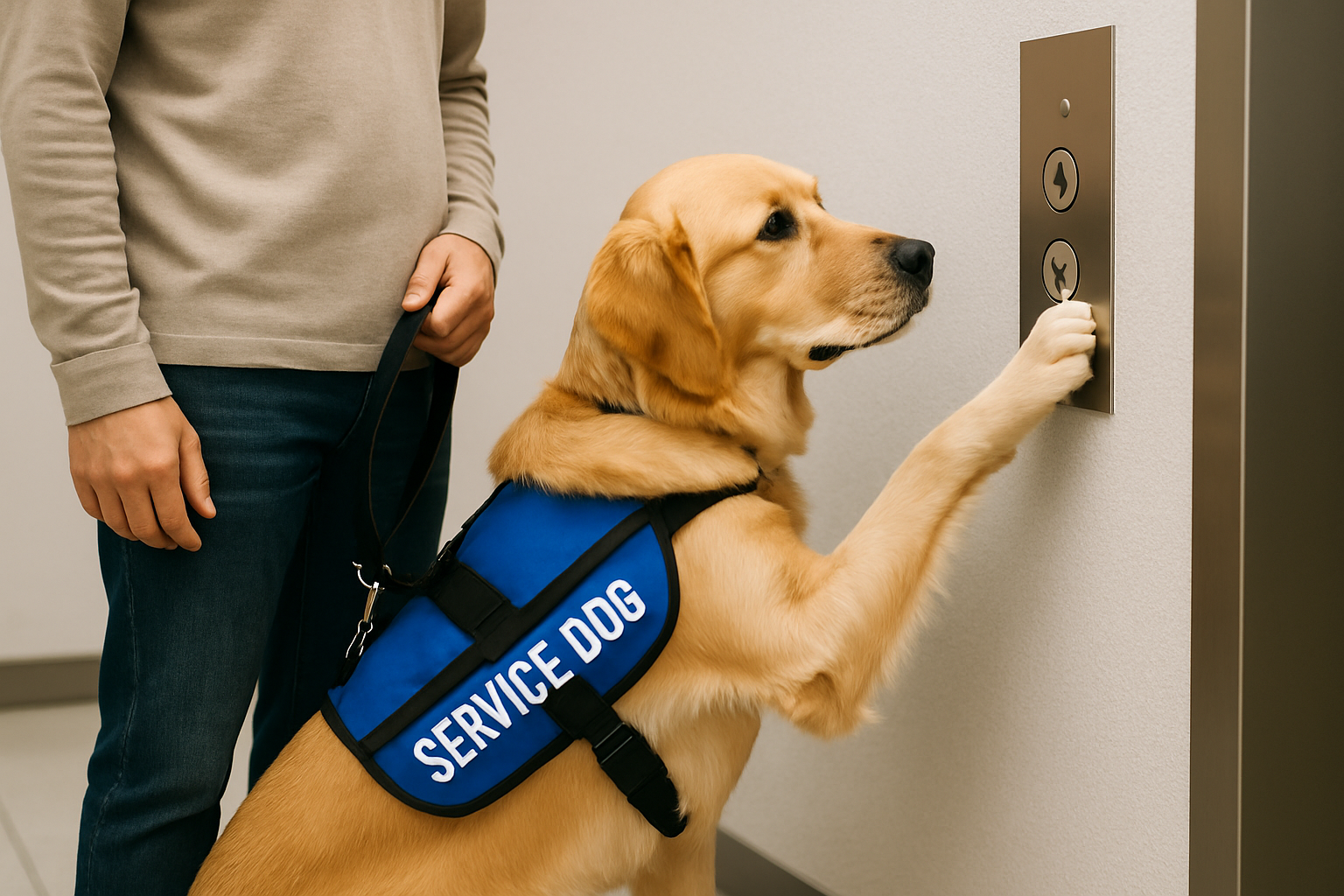 A service dog uses a paw to press an elevator button beside an adult handler, demonstrating trained device-operation and button-press assistance.