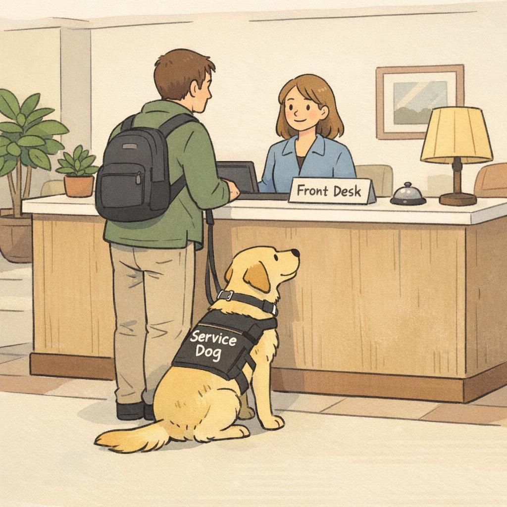 A handler checks in at a hotel front desk while a calm service dog in a labeled vest waits beside them in a cozy lobby illustration.