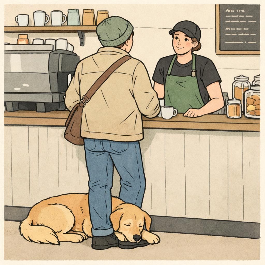 A handler stands at a café counter with a calm, well-behaved dog lying at their feet, illustrating appropriate public manners and service-dog readiness.