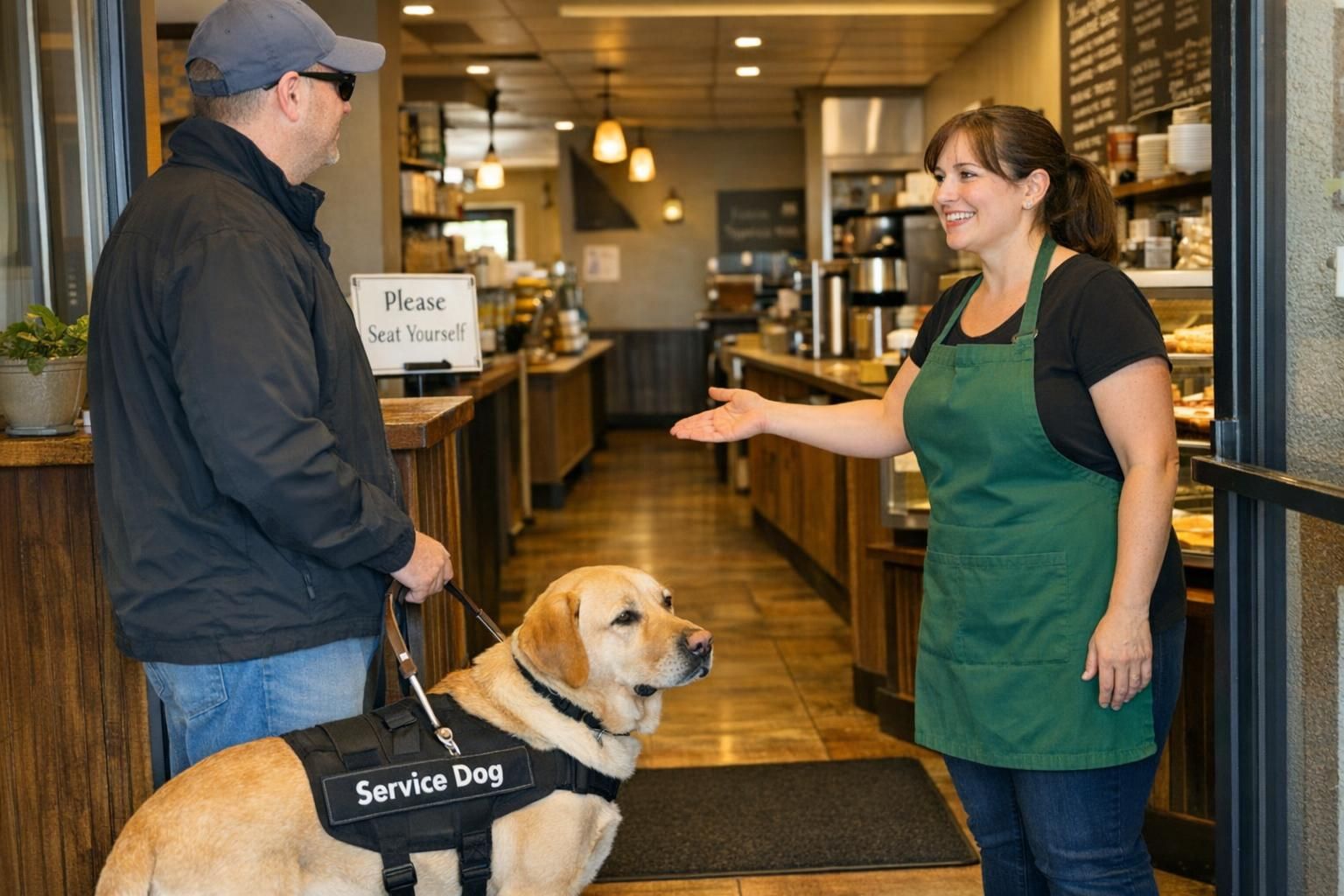 A guide dog team pauses at a café entrance as a smiling staff member gestures toward the open path, showing a calm public access interaction.