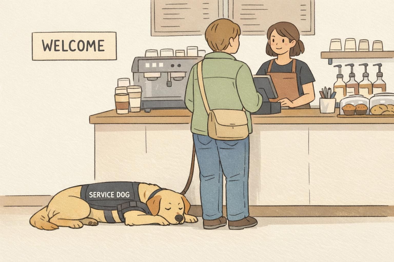 A service dog lies calmly beside its handler at a café counter while the handler orders, showing focused public access behavior during daily routines.