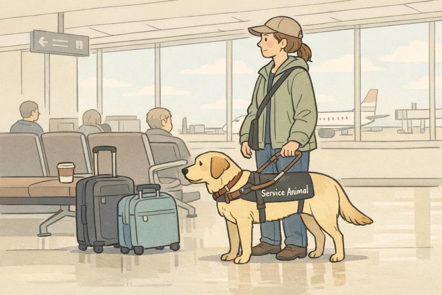 A guide dog and handler standing calmly near seating and rolling suitcases in an airport terminal, showing steady behavior amid crowds and luggage.