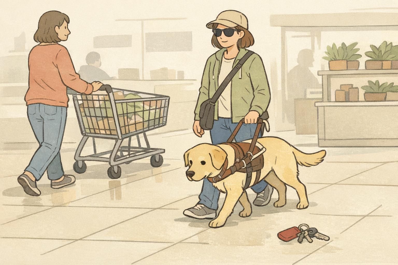 A guide dog team calmly navigating a mock public space, moving around a dropped item on the floor while a passerby pushes a shopping cart.