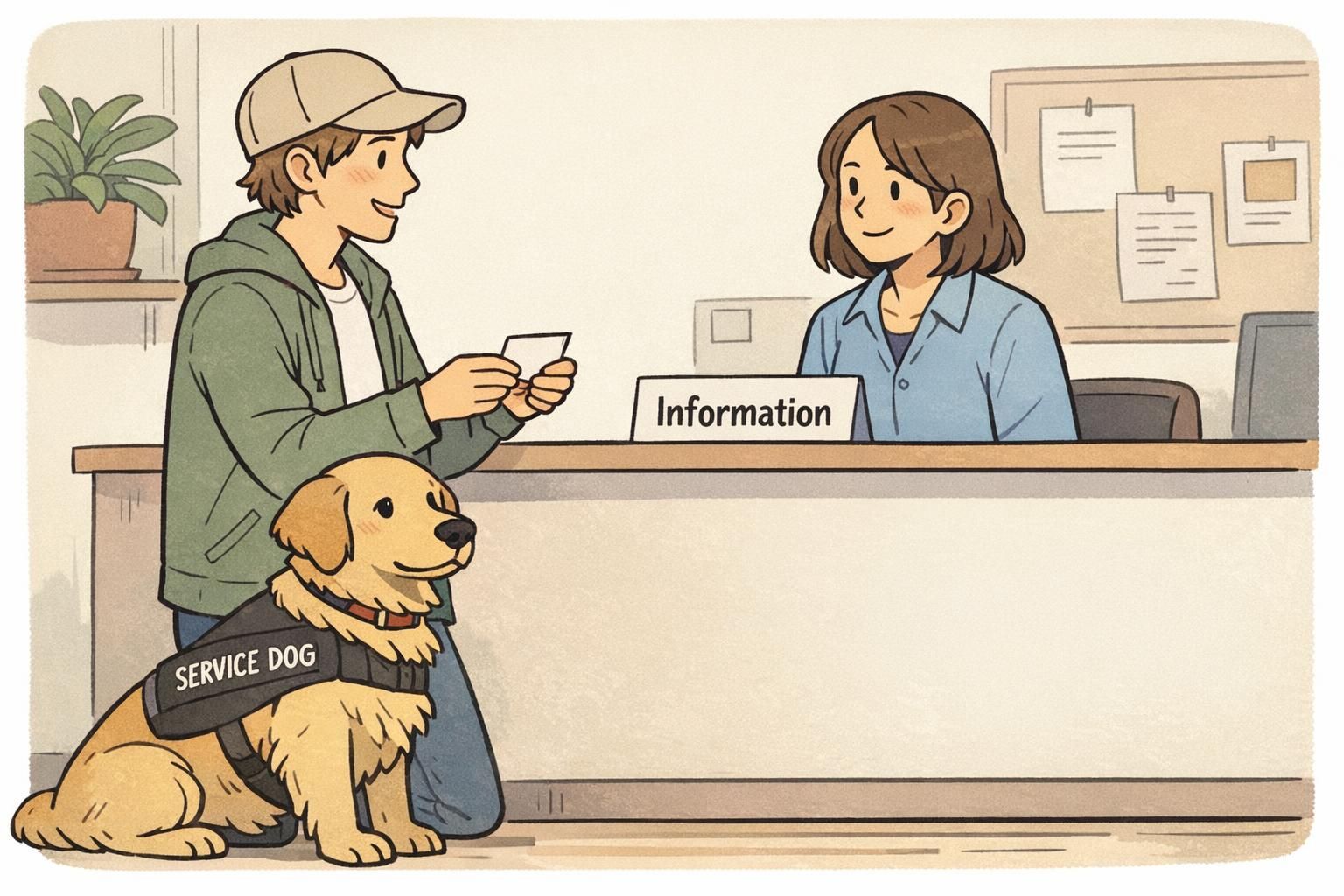Person speaking politely at a reception desk while holding a small card, with their service dog sitting calmly beside them in a bright lobby.