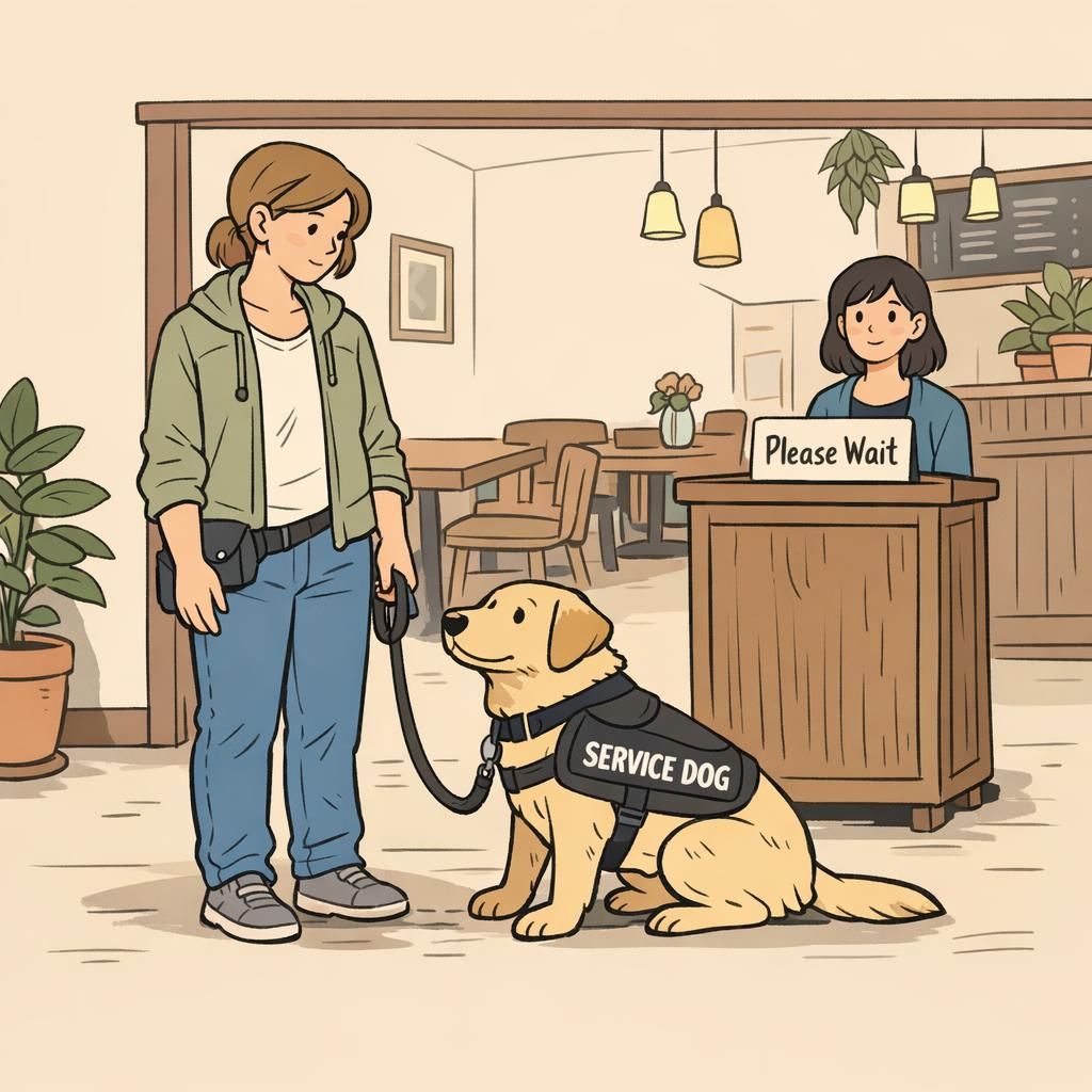 A handler pauses at a café entrance beside a calmly seated working dog wearing a visible vest, illustrating quiet public access and communication.