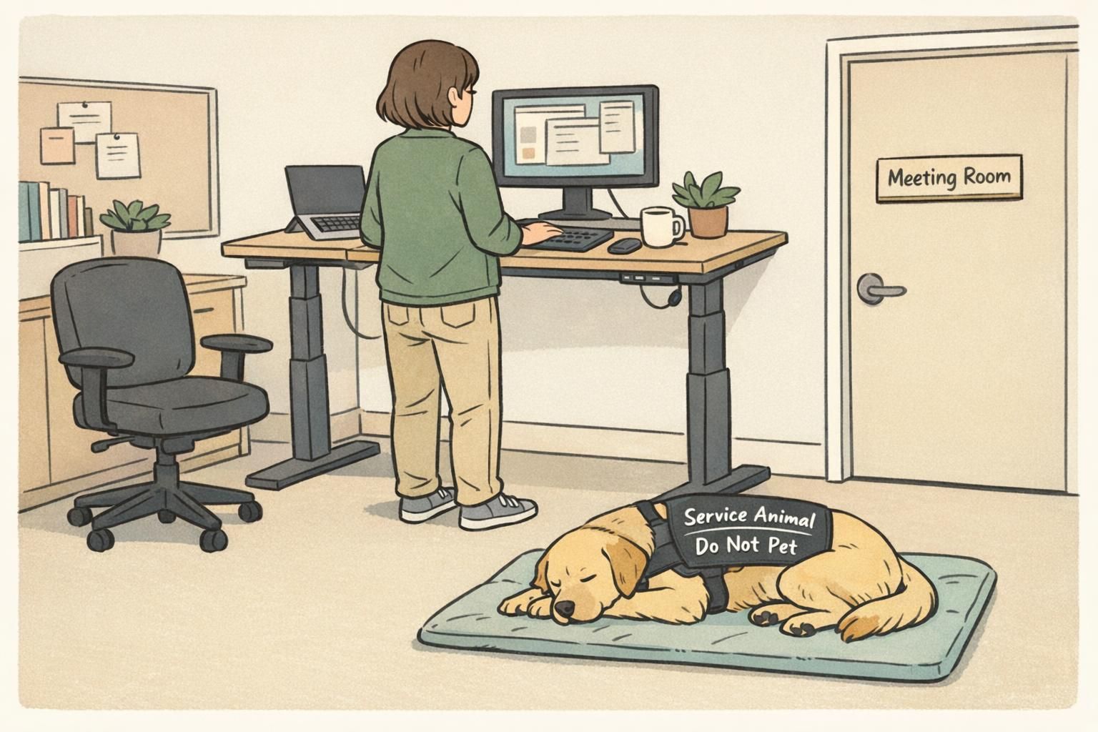 A service dog resting on a mat beside a standing desk in an office, showing workplace positioning, low-distraction behavior, and an unobtrusive support role.
