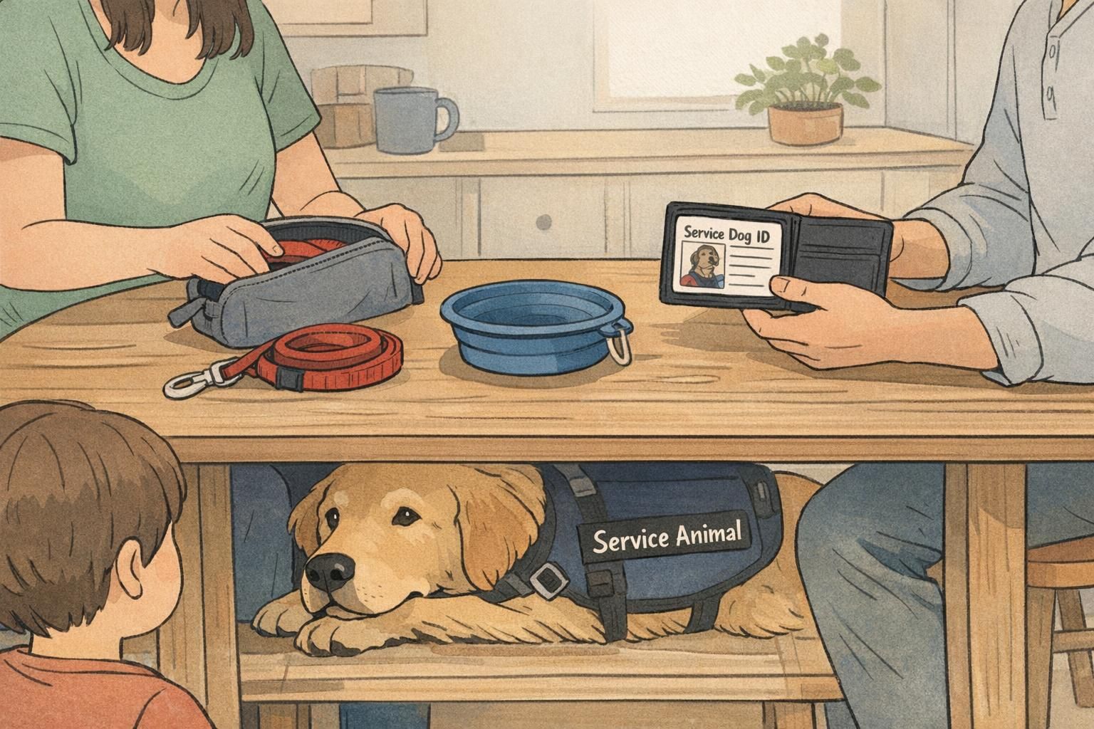 A family at a kitchen table packs a travel pouch with leash, collapsible bowl, and an ID card for a service dog while the dog rests nearby.