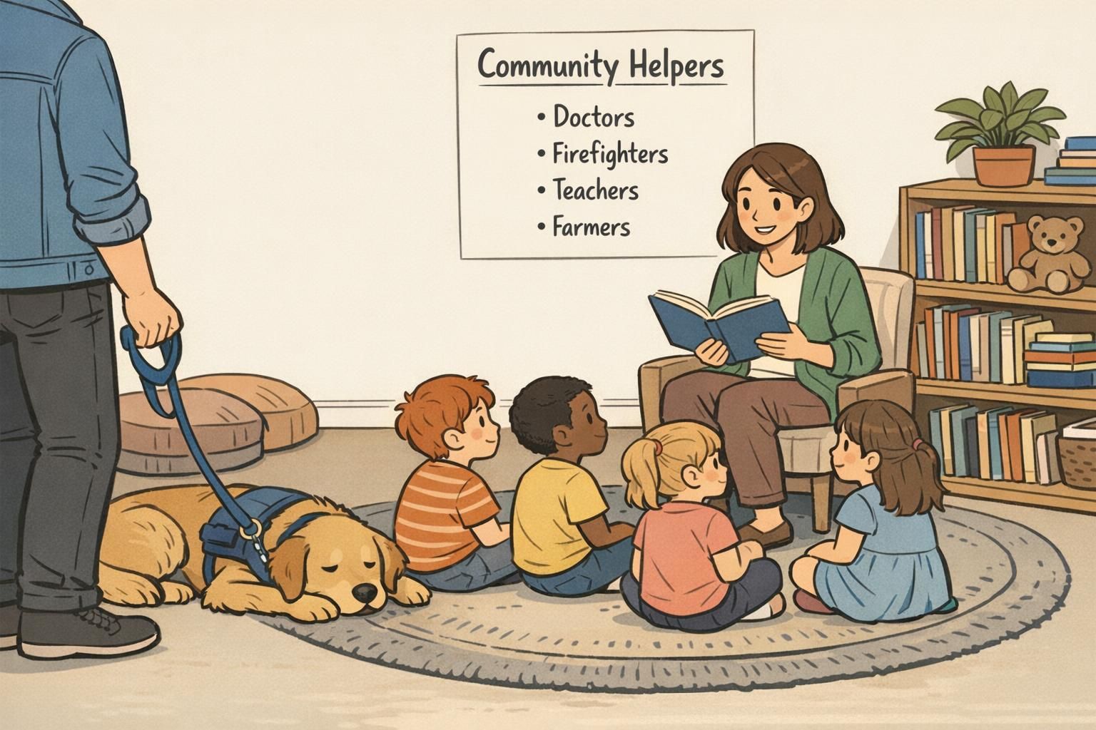 Classroom reading corner illustration with a teacher reading to children while a calm support dog rests nearby on a leash.