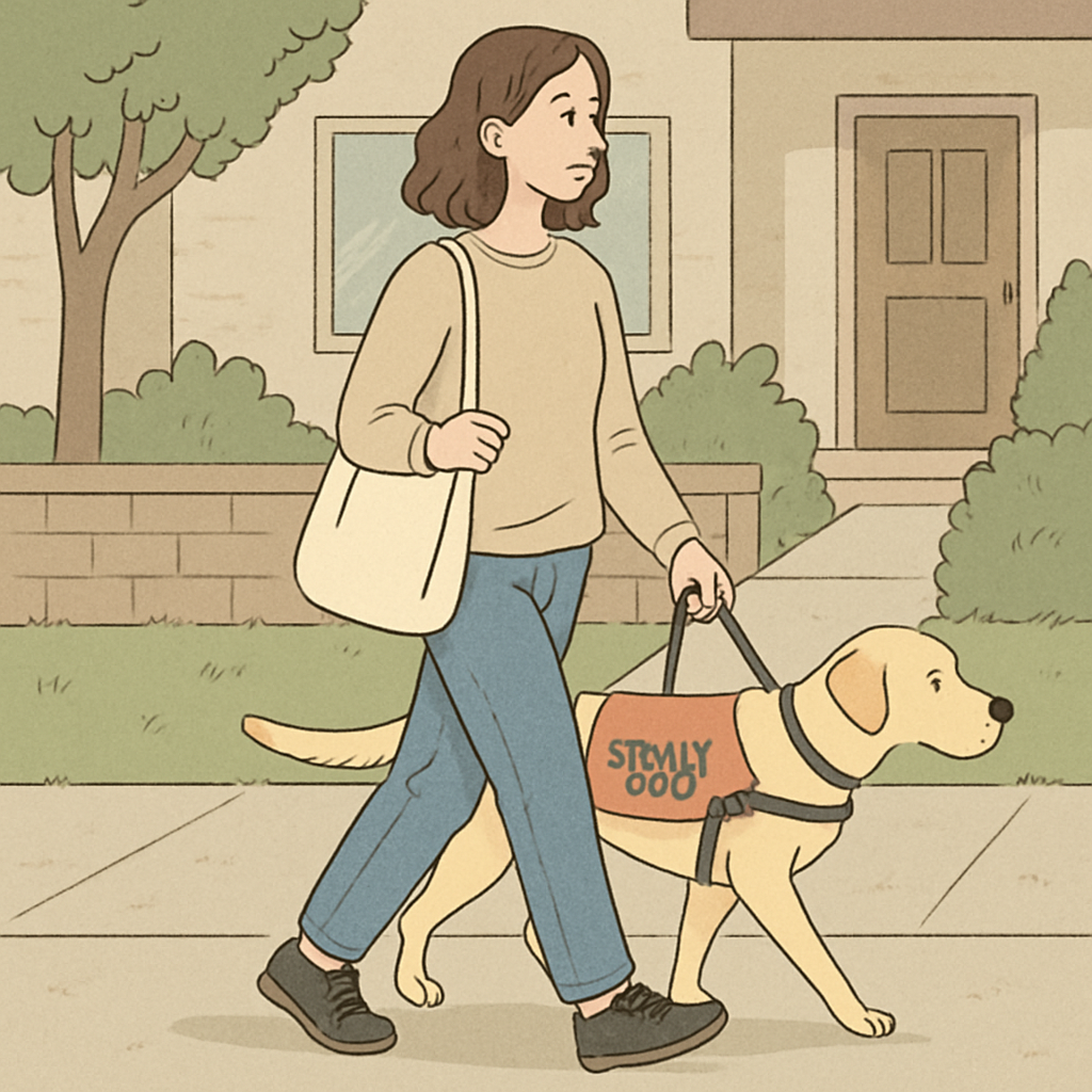 An adult handler walking a service dog at heel on a neighborhood sidewalk, illustrating calm public access, daily independence, and focused task work.