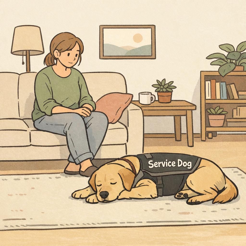 An adult handler sits on a living room sofa while a nearby service dog, wearing a clearly identifiable Service Dog vest, rests calmly to illustrate steady everyday partnership.