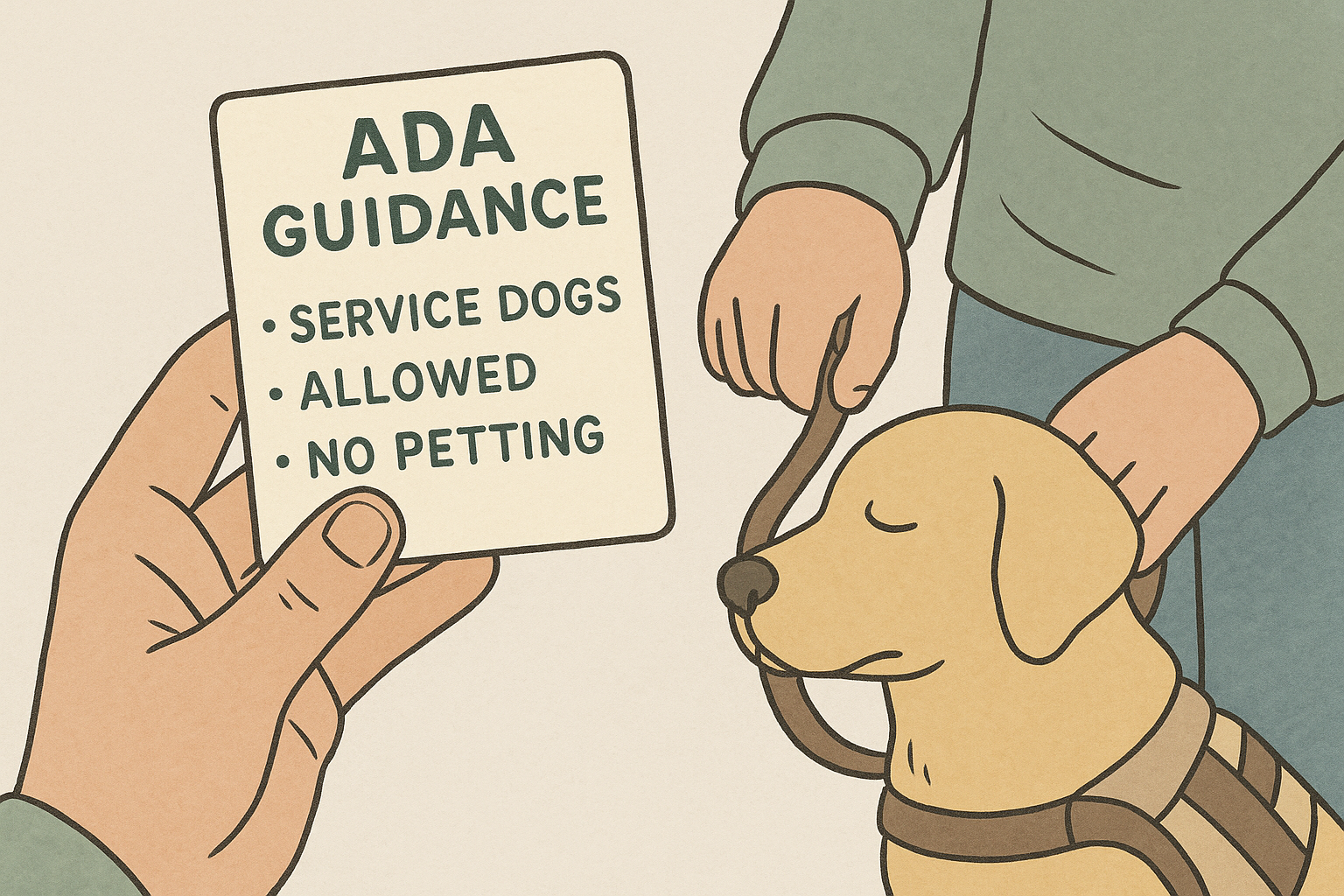 A close-up of an ADA guidance card held in a hand beside a service dog leash, showing plain-language access information for public-facing staff.