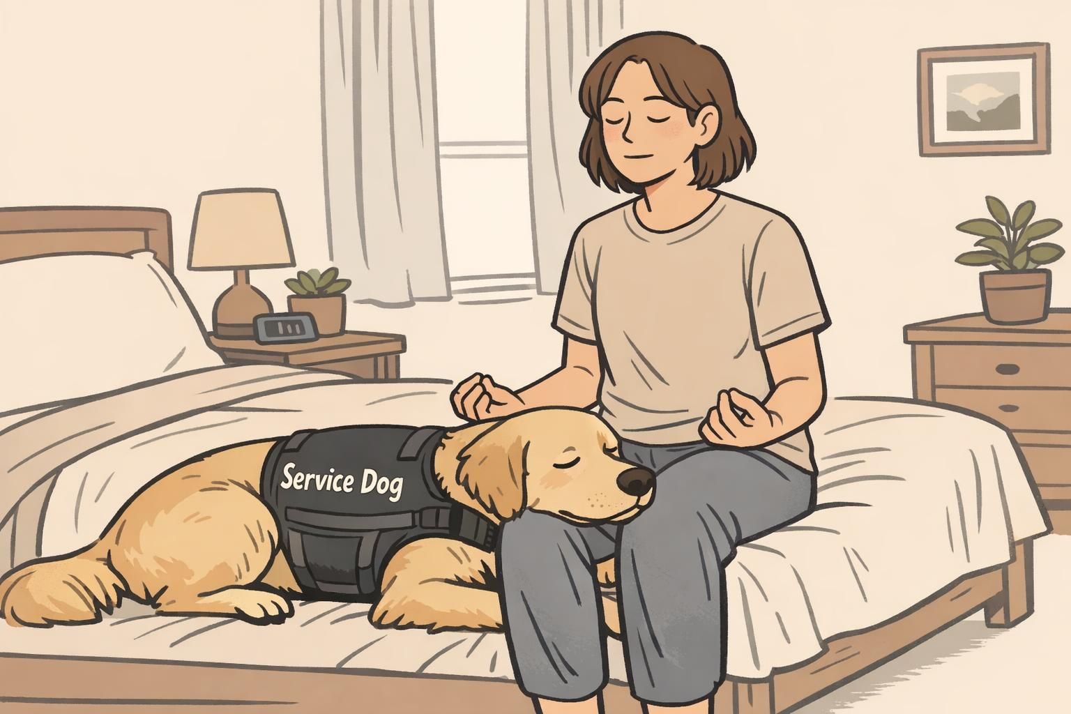 A private bedroom scene with a handler practicing a calming routine as the service dog rests its head on the handler’s lap, showing downtime, comfort, and emotional support.