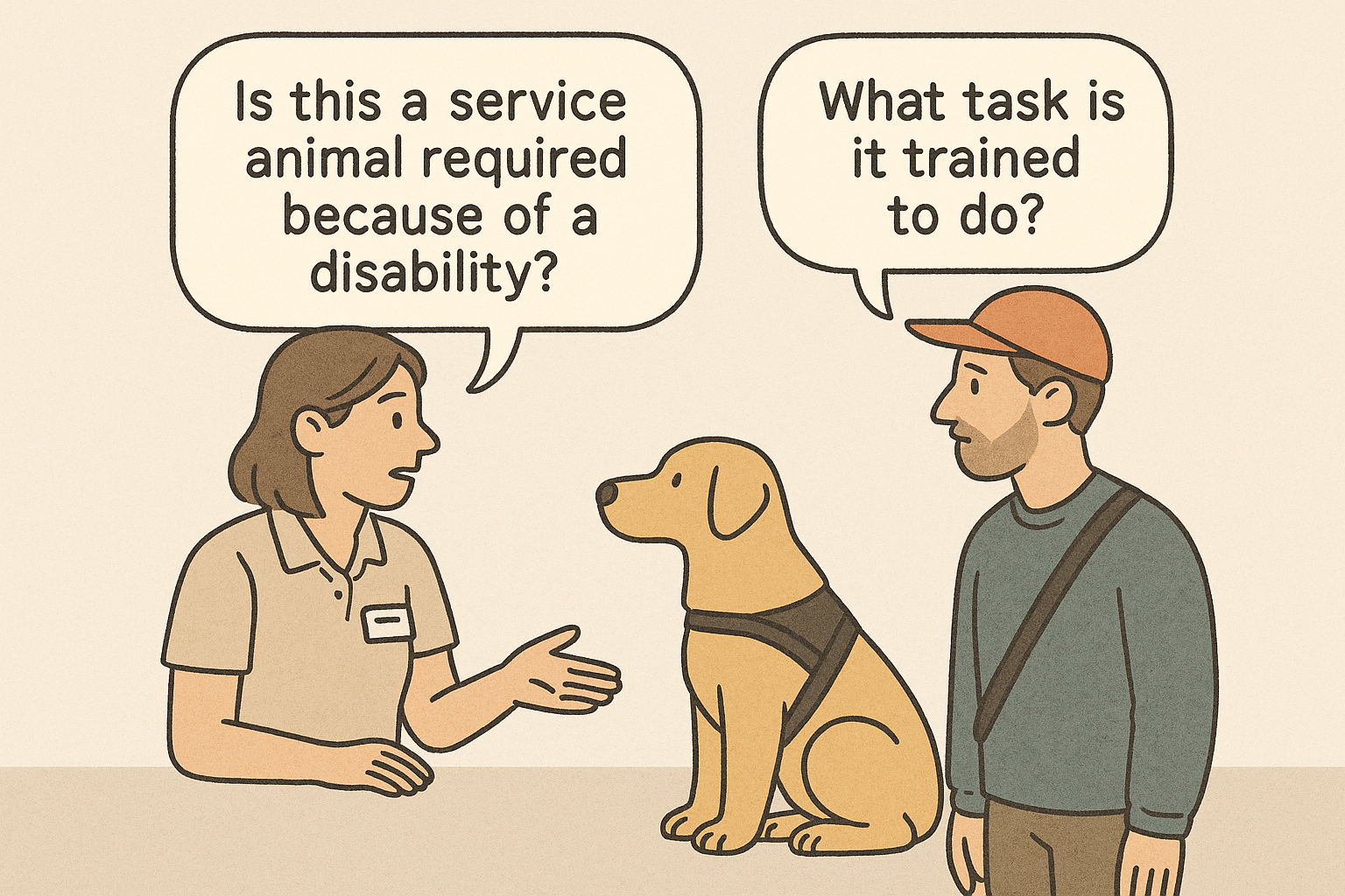 A simple illustrated graphic showing the two permitted ADA questions in speech bubbles during a calm conversation: service animal requirement and the task it performs.