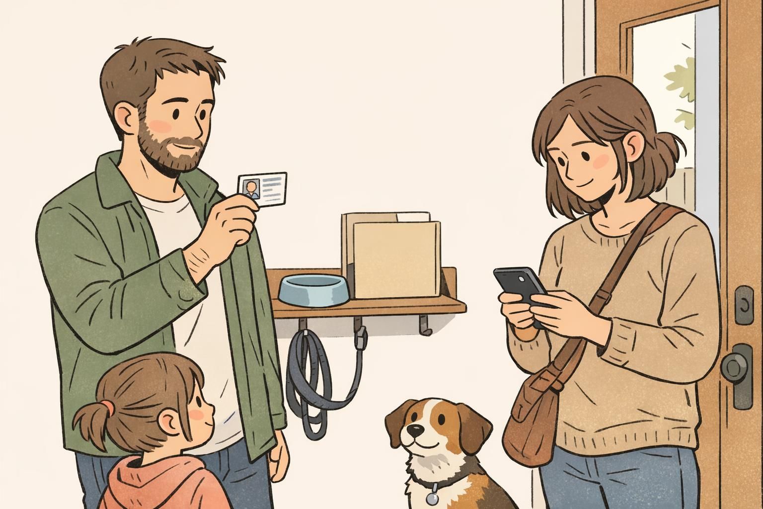 A front-door gear station with leash, bowl, and a small document folder as a family prepares for an outing; one adult holds an ID card and another checks a phone.