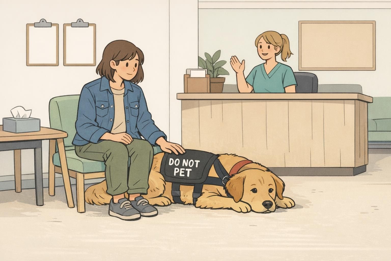 A clinic waiting room where a service dog lies calmly beside its handler wearing a visible vest patch that helps a parent redirect a child from approaching.