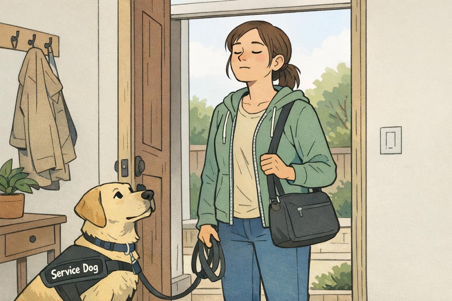 A handler pauses at a front door to take a slow breath while preparing to leave with a service dog and a small bag, illustrating a mindful departure routine.