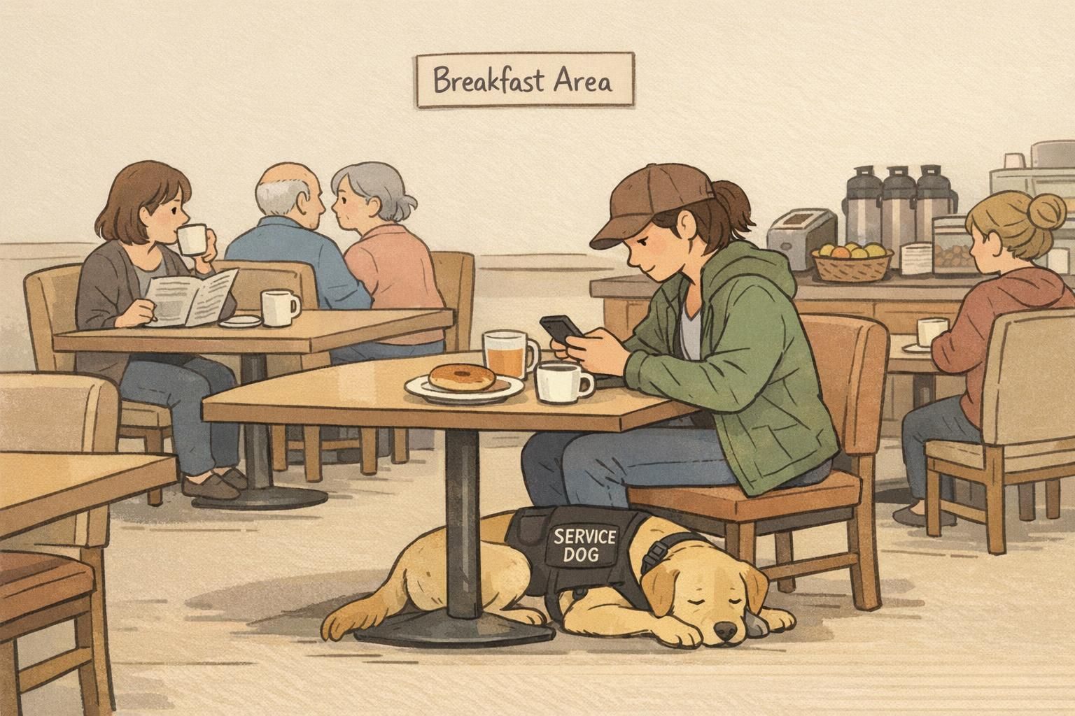 A quiet hotel breakfast area with a seated guest and their service dog resting calmly at the table, illustrating appropriate in-dining behavior.