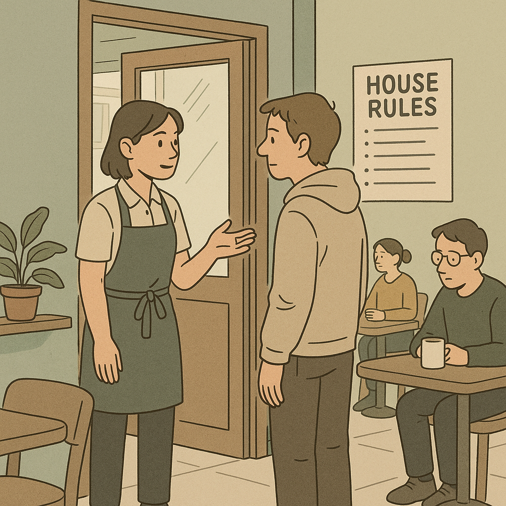 Cafe entrance with a visible house-rules sign while a manager speaks respectfully with a customer at the door, illustrating calm conflict resolution and access policy enforcement.