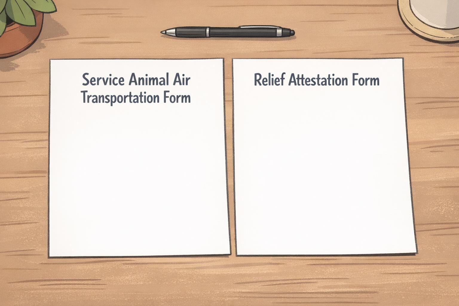 Two printed pages laid side-by-side on a tidy desk: one form about service animals and one for long‑flight relief planning, with a pen nearby.