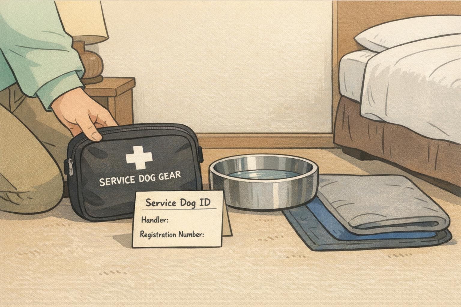 A bedside scene showing a travel pouch, water bowl, folded mat, and a service dog ID card prepared for a hotel stay.