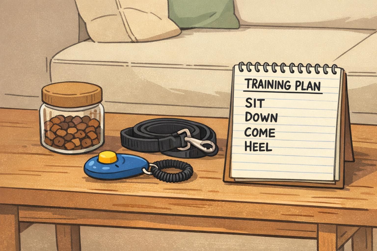 A coffee table training kit with a clicker, treat jar, leash, and a notepad listing core cues, illustrating at-home obedience preparation.