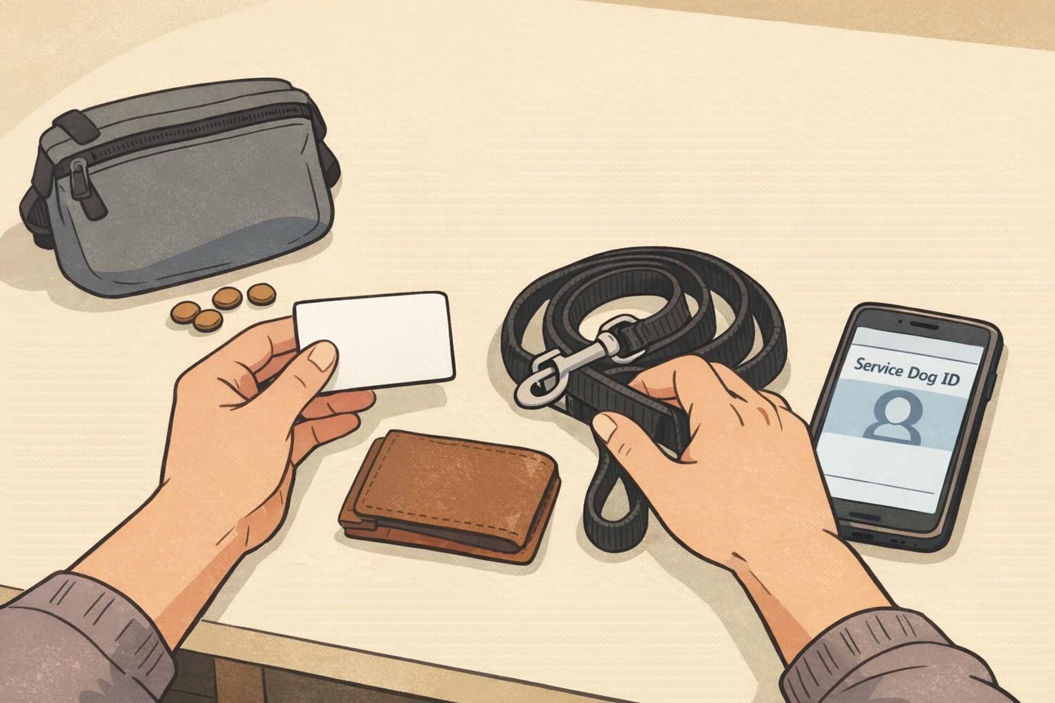 Tabletop organization: a handler arranges everyday carry items—leash, treat pouch, a wallet-size service dog ID card, and a phone showing a simple profile page.