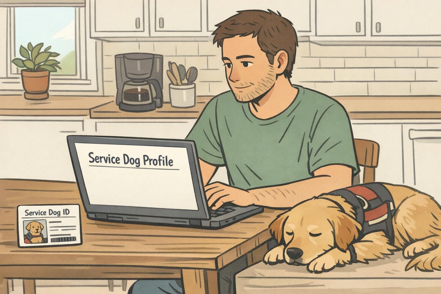 A service dog handler organizes a digital profile on a laptop with a printed ID card on the table while their dog rests nearby, showing preparation and clarity tools.