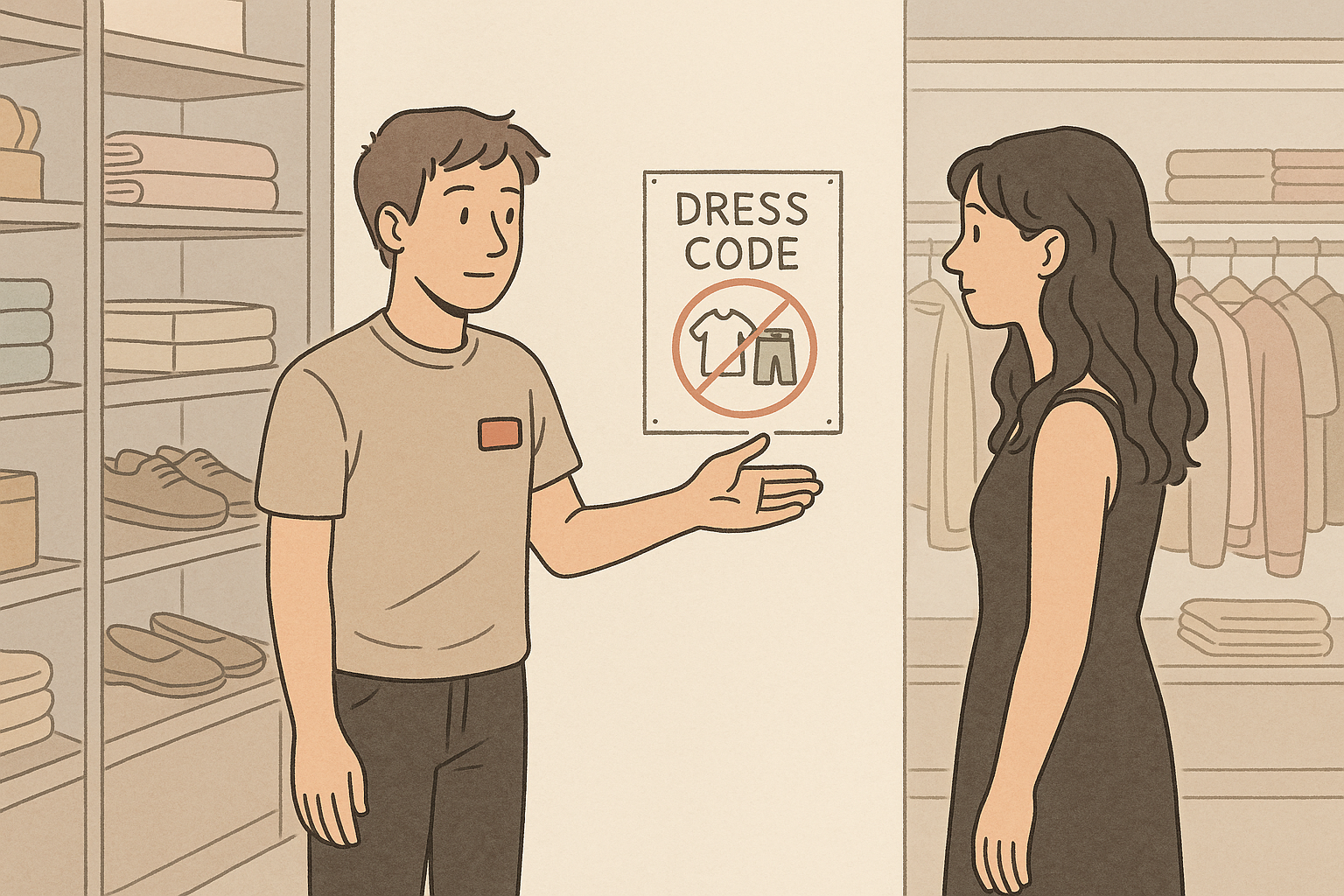 Retail aisle where an employee gestures toward a posted dress code sign while keeping distance from a customer, showing neutral policy enforcement.