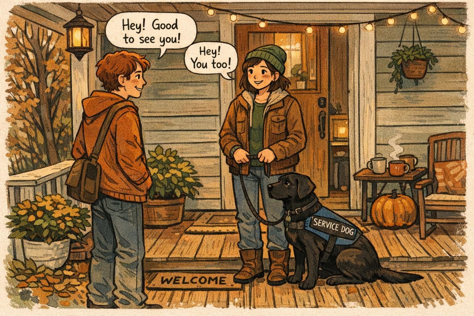 Front porch arrival showing a friend at the door while the handler positions the service dog in heel on leash for a controlled, calm greeting.