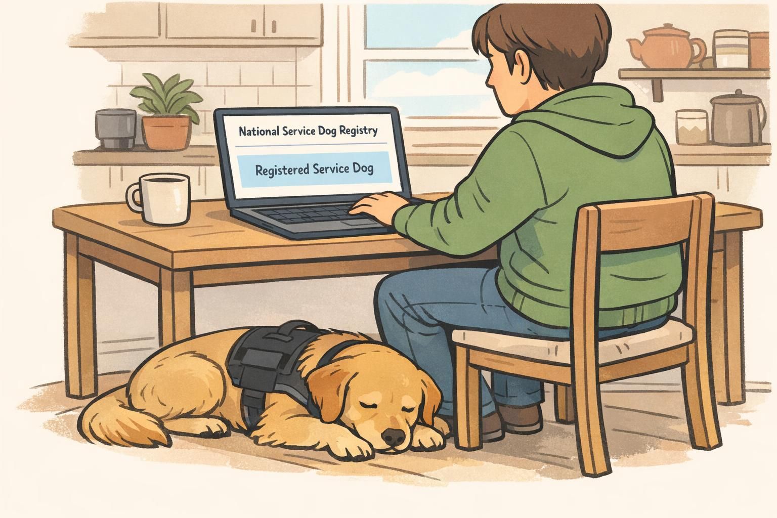 Handler sitting at a kitchen table viewing a service dog registration profile on a laptop while the calm service dog rests at their feet.