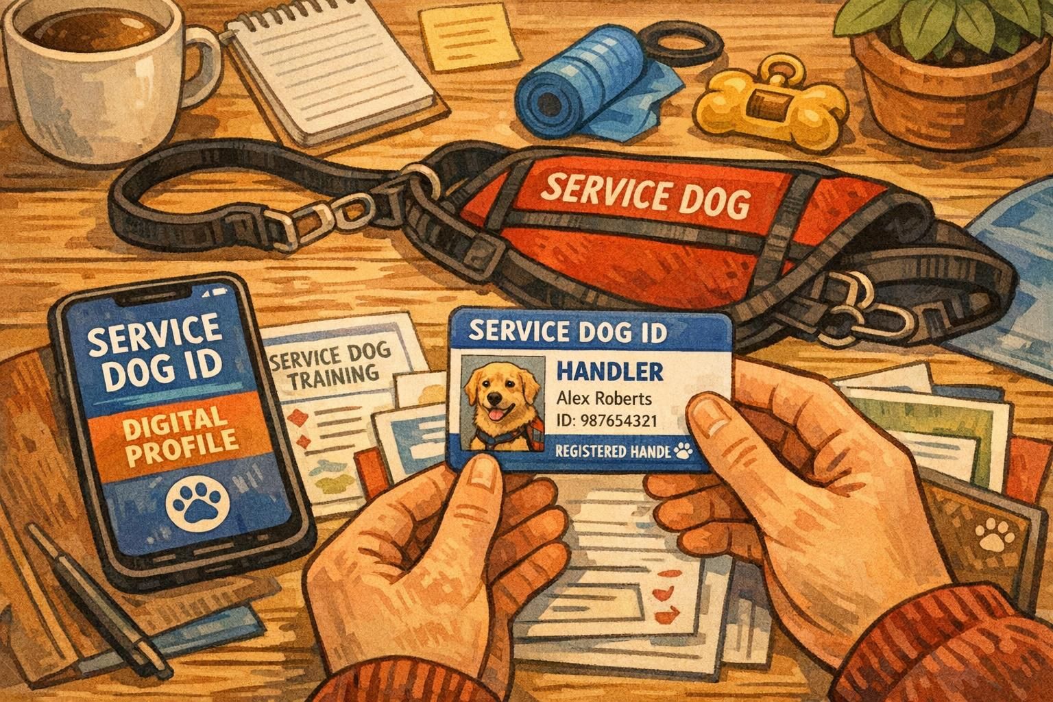 Handler at a desk organizing service dog identification and training materials with a phone showing a digital profile and a printed ID card.