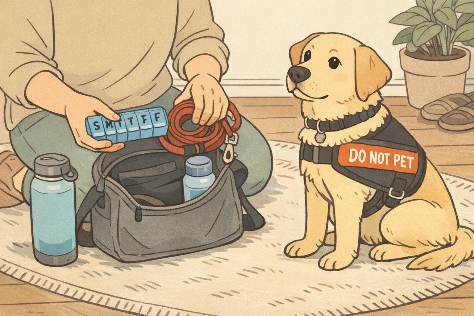 A person packs a travel kit with a pill organizer, leash, and water bottle while a service dog waits calmly, showing preparation to maintain medication routines on the go.