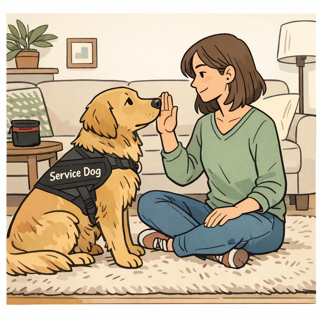 Handler guiding an adult service dog to touch a palm in a calm indoor training session on a soft rug while the dog wears a visible working vest.