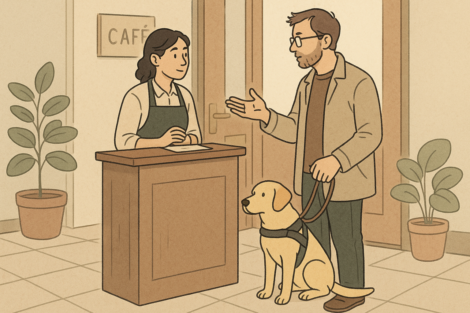 A calm conversation at a café entrance between staff and a handler about access, while the service dog sits quietly at heel.