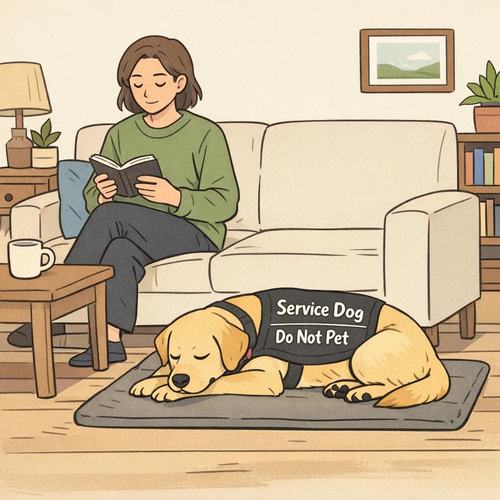 A calm domestic scene showing an adult handler seated on a couch reading while their service dog lies on a mat nearby wearing a visible working vest, illustrating relaxed partnership and everyday routine.
